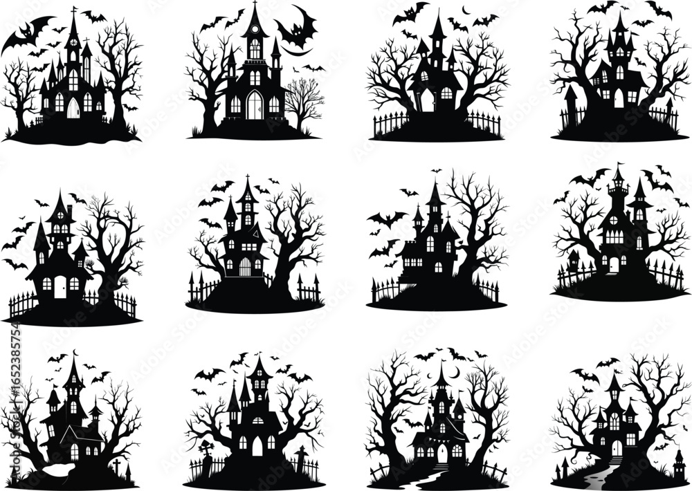 Fototapeta premium Spooky Haunted House Silhouettes Collection for Halloween Designs with Bats and Bare Trees Isolated on White Background