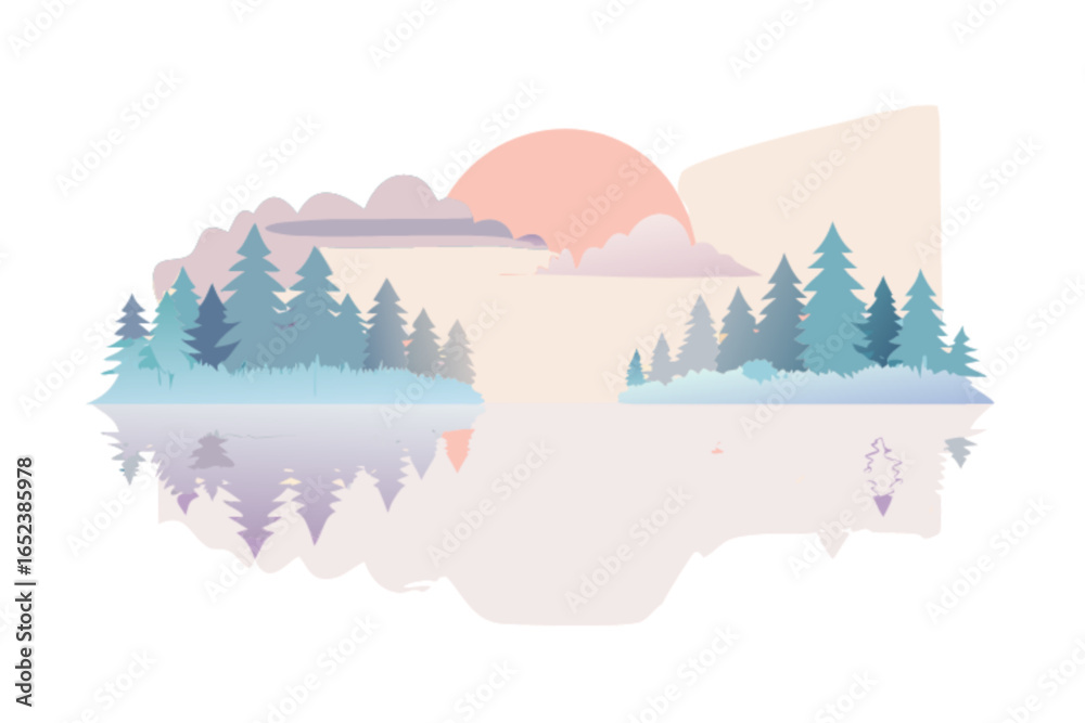 Fototapeta premium Scenic landscape painting of forest lake at sunset with reflection art illustration for print and design