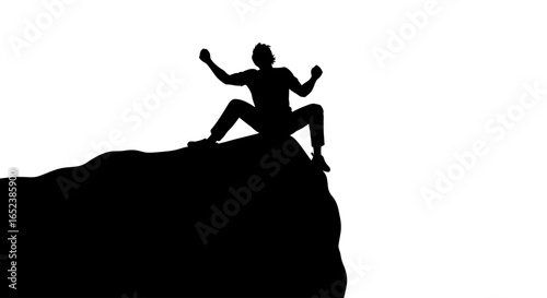 triumphant silhouette man on a rock transparent background vector illustration