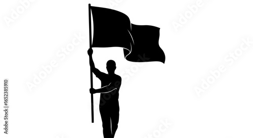 triumphant silhouette man raising flag on transparent background