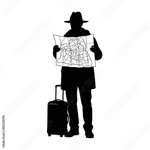 traveler silhouette with map and suitcase transparent background vector