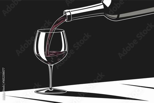 Red wine pouring into glass illustration for wine tasting sommelier and beverage alcohol enthusiast design