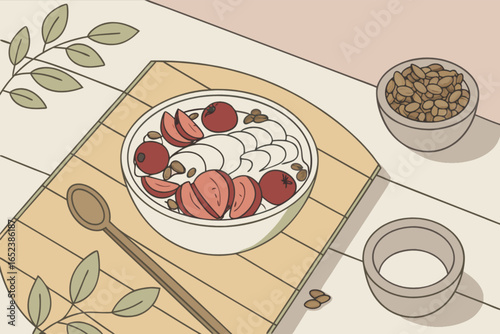Healthy breakfast bowl with fruits and nuts vector art illustration for food blog and recipe website