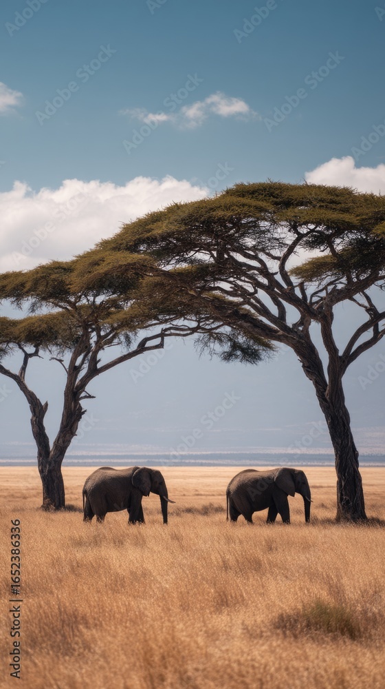 Fototapeta premium Elephants roam beneath acacia trees