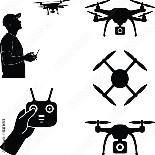 Drone silhouette set with remote control and operator