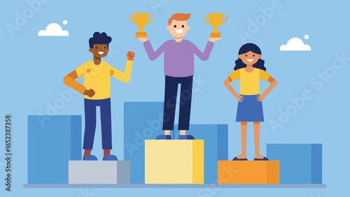 Diverse group of people celebrating victory on a podium