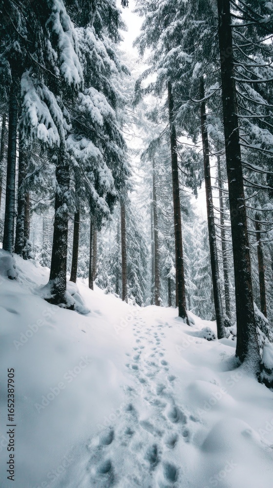 Fototapeta premium Footprints lead through a snow-covered forest