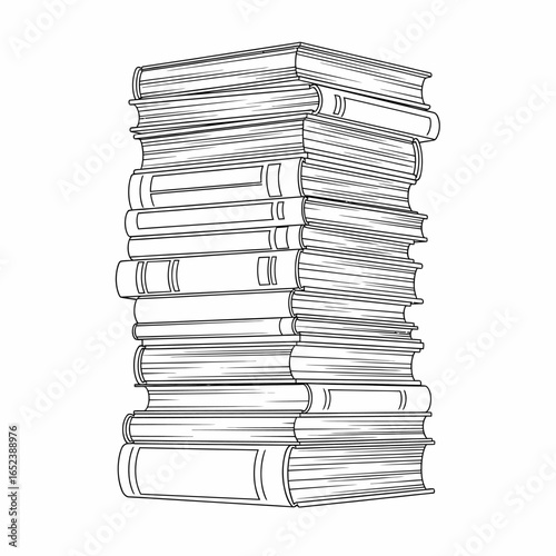 A simple black and white line art illustration of a tall, unevenly stacked pile of hardcover books.