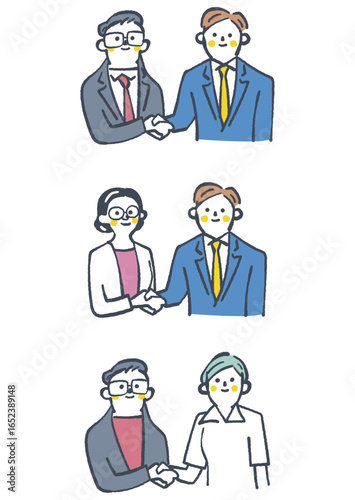 握手し交流を深める人々　セットのストックイラスト
