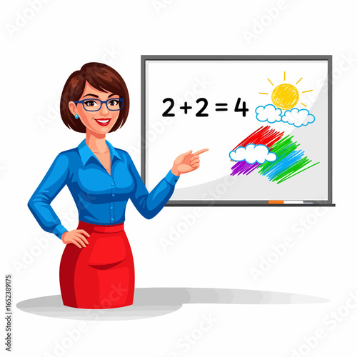 A smiling female teacher points to a whiteboard with a simple math equation and a colorful drawing.