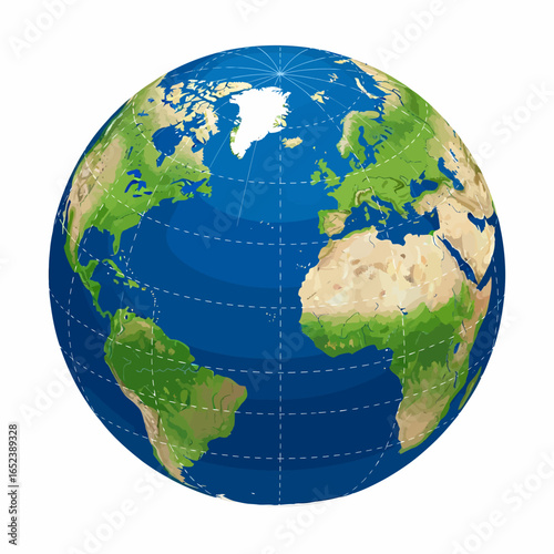 A realistic depiction of planet Earth, showcasing continents, oceans, and atmospheric details, against a clean white background.