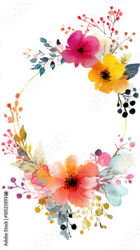 blank floral wreath frame with watercolor flowers