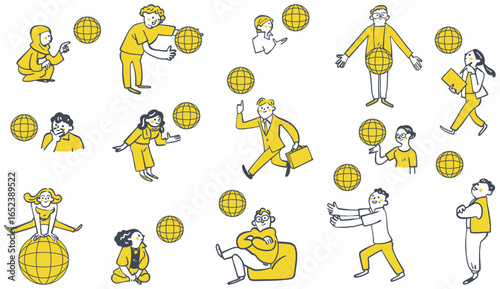 地球を駆け回るグローバルは人材　セットのストックイラスト

