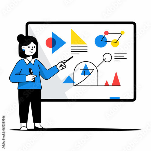 A female presenter pointing at a whiteboard with colorful charts and abstract geometric shapes during a presentation.