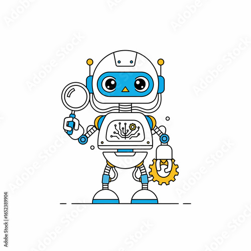 A cute, friendly robot character holding a magnifying glass, examining a circuit board within its chest, with a gear attached to its leg, symbolizing technology and exploration.
