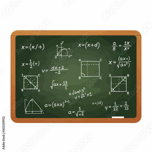 A green school chalkboard filled with complex mathematical formulas, geometric shapes, and algebraic equations written in white chalk.