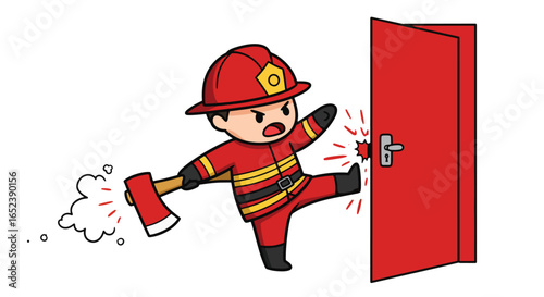 Brave Cartoon Firefighter Kicking Down a Door