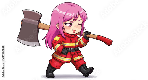 Brave Chibi Firefighter Girl with Axe Illustration