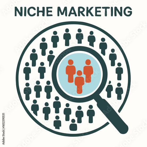 Large group examines a small niche market segment with a magnifier