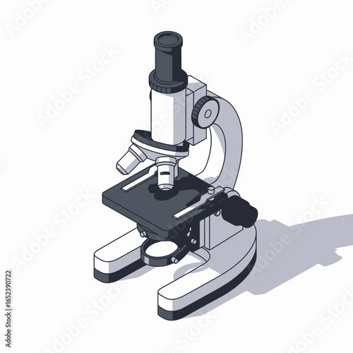 A detailed illustration of a classic compound microscope, showcasing its optical components and mechanical structure on a white background.