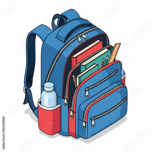 A blue and red backpack filled with school supplies including books, pencils, and a water bottle, ready for education.