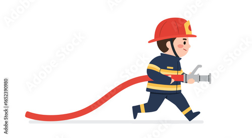 Brave Firefighter Running with Fire Hose