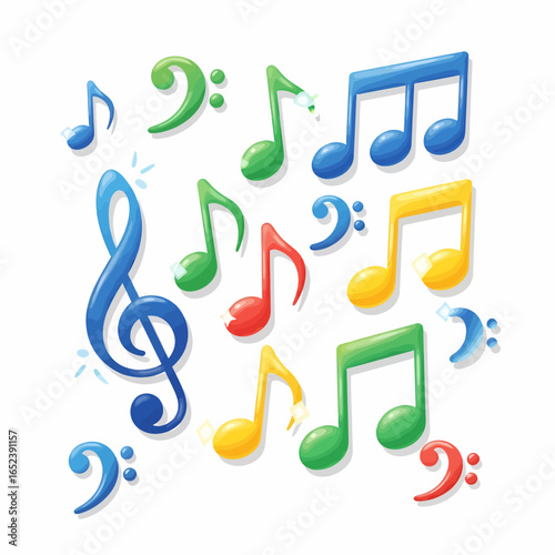 A vibrant collection of colorful musical notes and clefs, illustrating the joy and artistry of music with bright, playful elements.