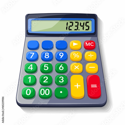 A digital calculator with a green display showing numbers and colorful buttons for arithmetic operations.