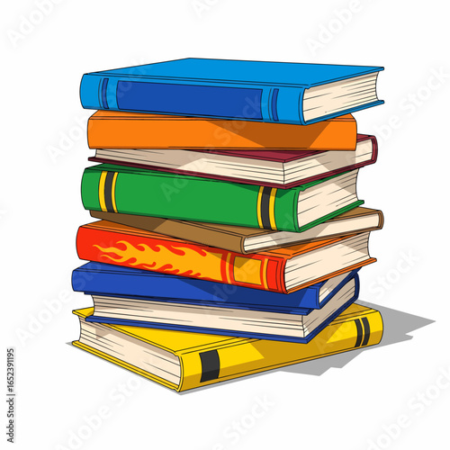 A vibrant stack of colorful, open books, showcasing diverse covers and pages, suggesting knowledge and learning.