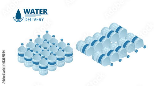 Isometric water bottles collection. Multiple blue-labeled plastic containers arranged in groups. Water delivery service concept with logo. Modern vector illustration isolated on white background