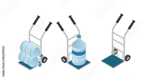 Isometric hand cart collection for water delivery. Three designs different angles. Empty and loaded with bottles. Gray metal frames with black handles. Transport equipment set. Vector illustration