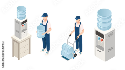 Isometric water delivery service scene. Two workers in blue uniforms handling water bottles. Office coolers on platforms. Light blue jugs and dispensers. Modern flat design style. Vector illustration
