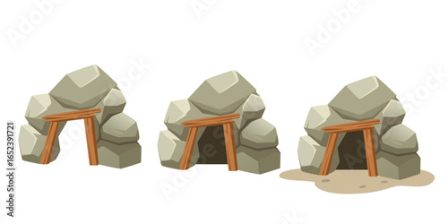 Mine entrance collection. Stone caves with wooden support beams inside. Three mining tunnel designs with timber frames. Underground passage concepts for games and presentations. Vector illustration