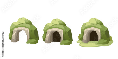 Mossy cave entrance set. Green vegetation covering gray stone formations. Three natural grotto designs with grass and plants. Forest shelter concepts for environmental themes. Vector illustration