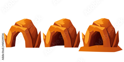 Orange crystal cave collection. Three pointed rock formations with sharp angular entrances. Desert canyon shelter designs. Warm tone geological structures for games. Vector illustration on white
