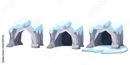 Ice cave entrance set. Three frozen cavern designs with blue glacial formations and snow. Arctic shelter concepts with icicles. Winter landscape elements for games. Vector illustration on white