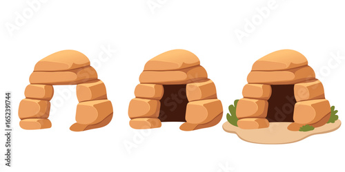 Cartoon stone cave set. Orange rounded rock formations with dome entrances. Three primitive shelter designs with sandy ground bases. Simple style for games and children's content. Vector illustration
