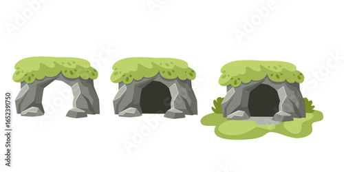 Forest cave entrance collection. Gray stone formations with lush green moss covering. Three natural grotto designs with vegetation. Jungle shelter concepts with plants. Vector illustration