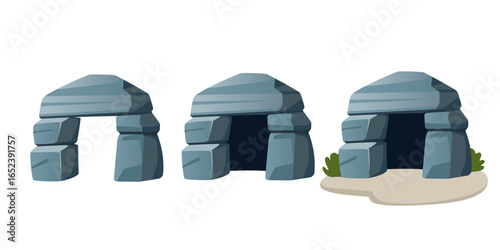 Dark blue stone cave set. Three granite cavern entrance variations with angular rocks. Mountain shelter formations in cool tones. Adventure and exploration design elements. Vector illustration