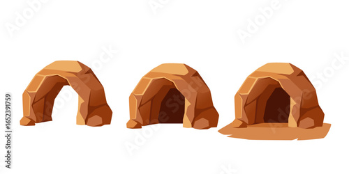 Rounded sandstone cave set. Three smooth orange rock shelter entrances. Desert dwelling formations with curved archways. Natural hideout concepts for adventure themes. Vector illustration on white