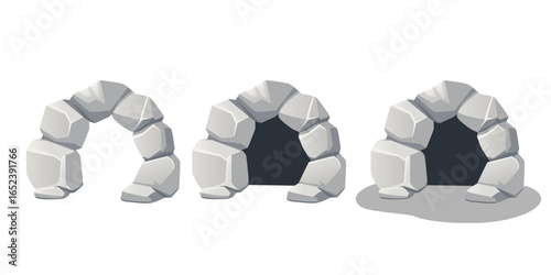 Gray stone cave collection. Three rocky shelter entrance designs in different stages. Natural granite formations with arch openings. Mountain dwelling concepts for games. Vector illustration on white