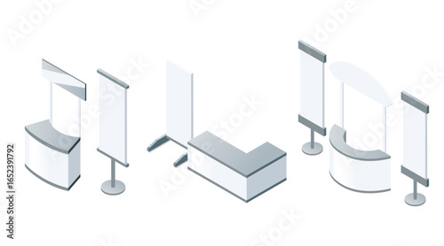 Isometric promotional display set. Curved banner stands and counter designs in gray and white. Trade show equipment for marketing events. Vector illustration isolated on white background