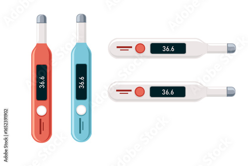 Set of colorful digital thermometers in red and blue. Pen-style devices and horizontal models with displays. Modern medical temperature measurement tools. Vector illustration isolated on white