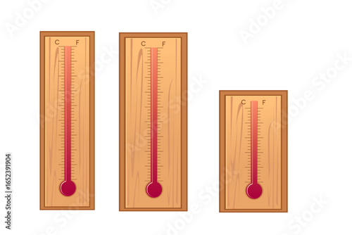 Three wooden wall thermometers with different temperature readings. Classic home decor items with celsius and fahrenheit scales. Vintage style measurement devices. Vector illustration on white