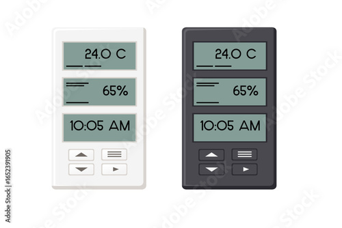 Two digital temperature and humidity monitoring devices in white and black. LCD screens displaying 24 and 65% readings with control buttons. Home environment meters. Vector illustration