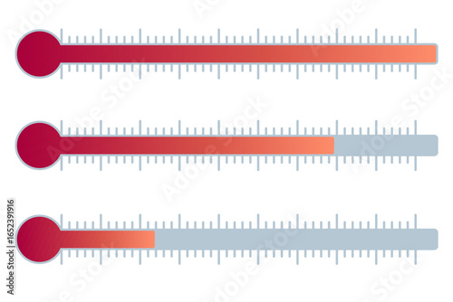 Three horizontal temperature gauges with gradient bars from red to blue. Mercury bulbs with measurement scales displaying different heat levels. Climate monitoring tools. Vector illustration