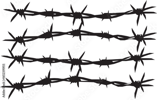 barbed wire horizontal vector in black and white. use in control border and use in fence on white background.  