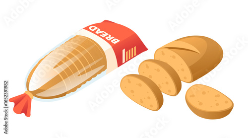 Isometric bread and sandwich collection. Fresh bakery loaves in packages, prepared sandwiches with fillings. Food service and grocery items. Vector illustration isolated on white background