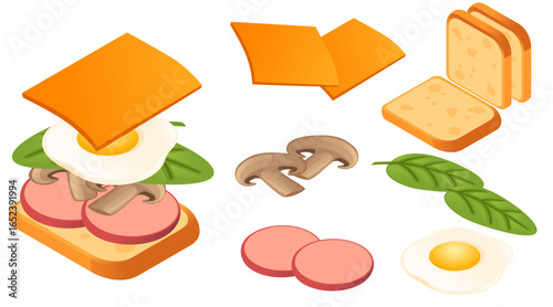 Isometric breakfast sandwich components. Cheddar cheese, ham slices, mushrooms, fried egg, lettuce, and bread. Fresh ingredients for healthy meal assembly. Vector illustration isolated on white