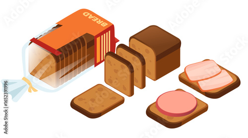 Isometric bread collection. Fresh bakery products with sliced loaves, packaged bread, and meat slices. Brown and whole grain varieties. Food design elements. Vector illustration isolated on white
